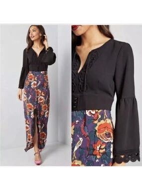NWT ModCloth Anna Sui Floral Rooted in Retro Bird Bell Sleeve Maxi Dress Size 4